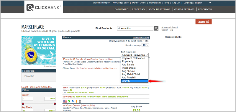 ClickBank Product Sorting By Gravity