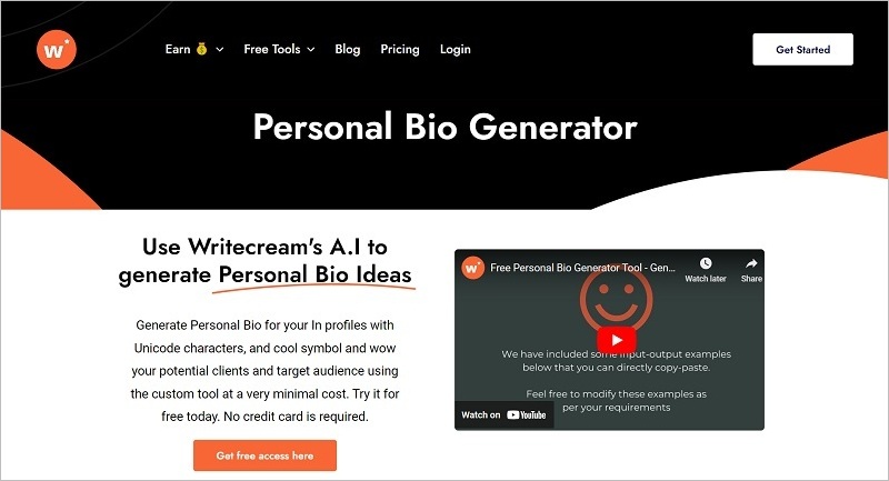 Writecream - Personal Bio Generator